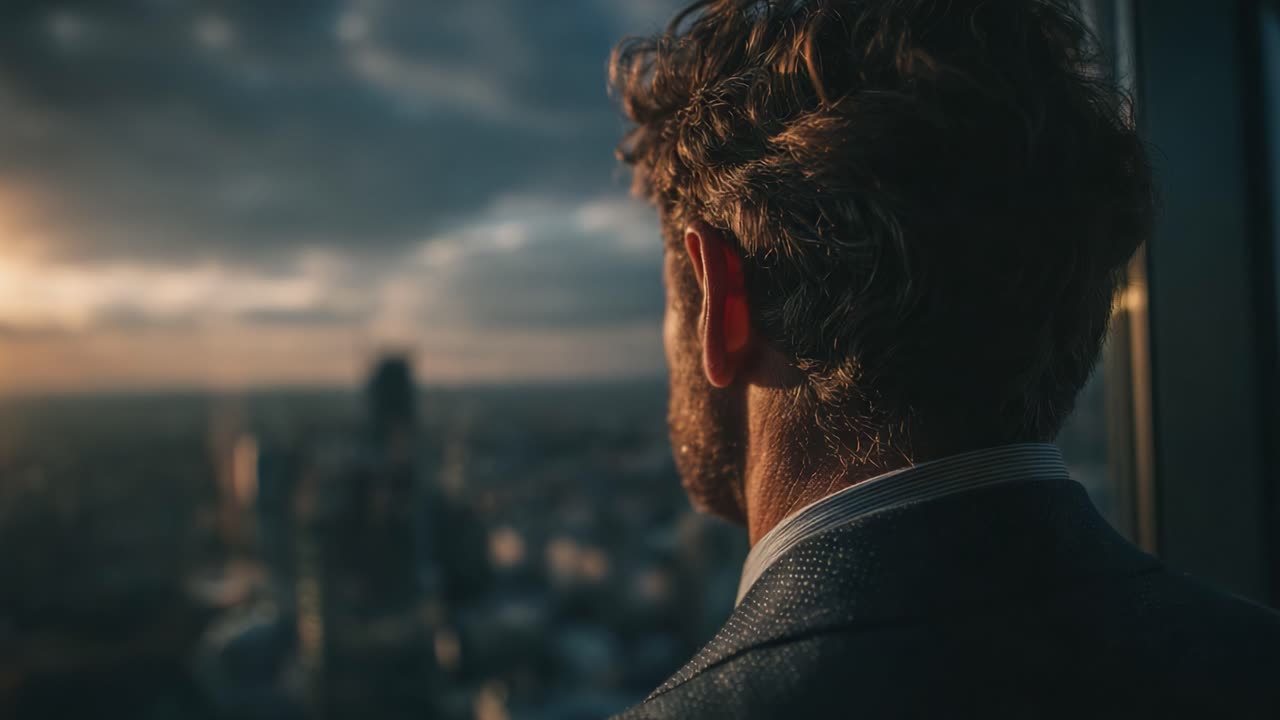 Reflective Moment: A Man Observes a Stunning Cityscape at Dusk, Capturing the Essence of Contemplation and Urban Serenity Amidst a Breathtaking Horizon