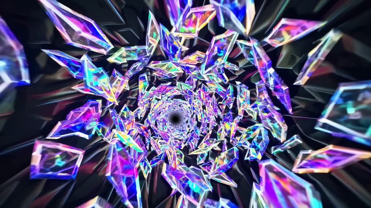 Colorful crystal vortex spirals inward, showcasing dynamic motion and vibrant reflections in a mesmerizing visual sequence of light and depth