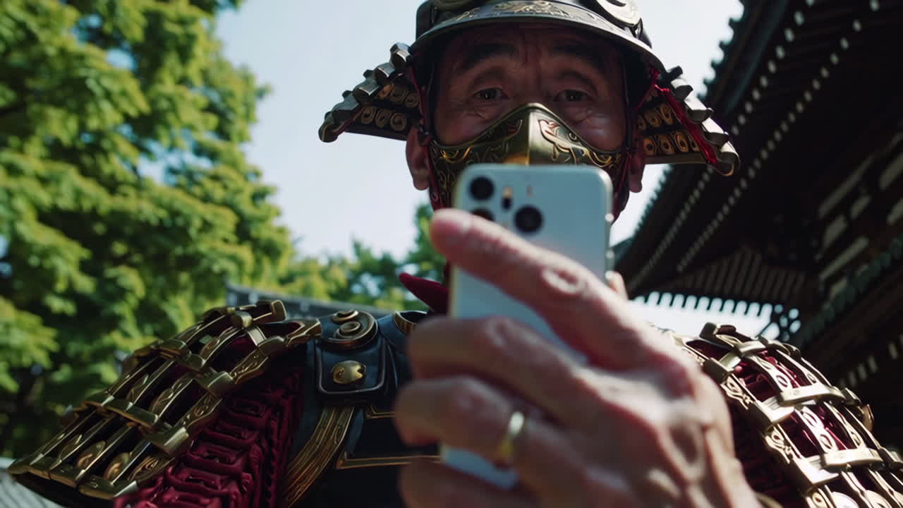 samurai usando el teléfono inteligente en japón