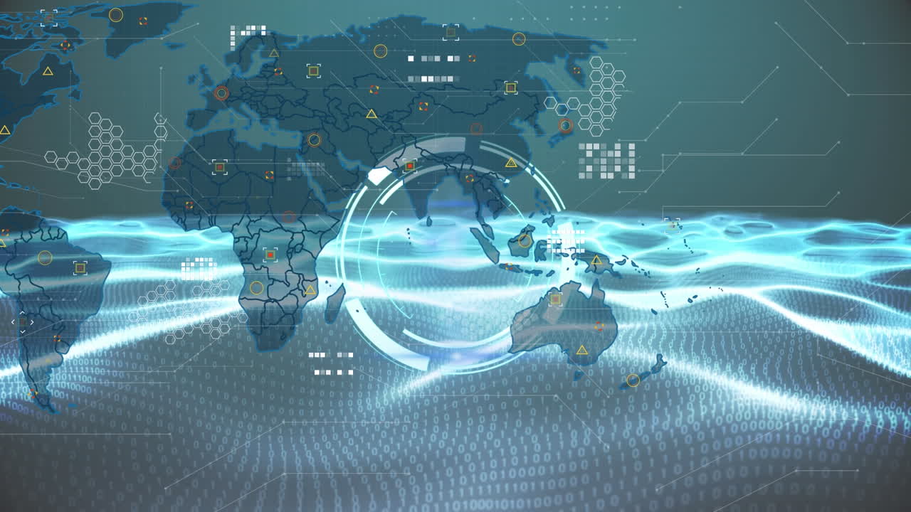 세계 지도와 아이콘의 애니메이션, 검은색과 녹색 디지털 공간에서 파동으로