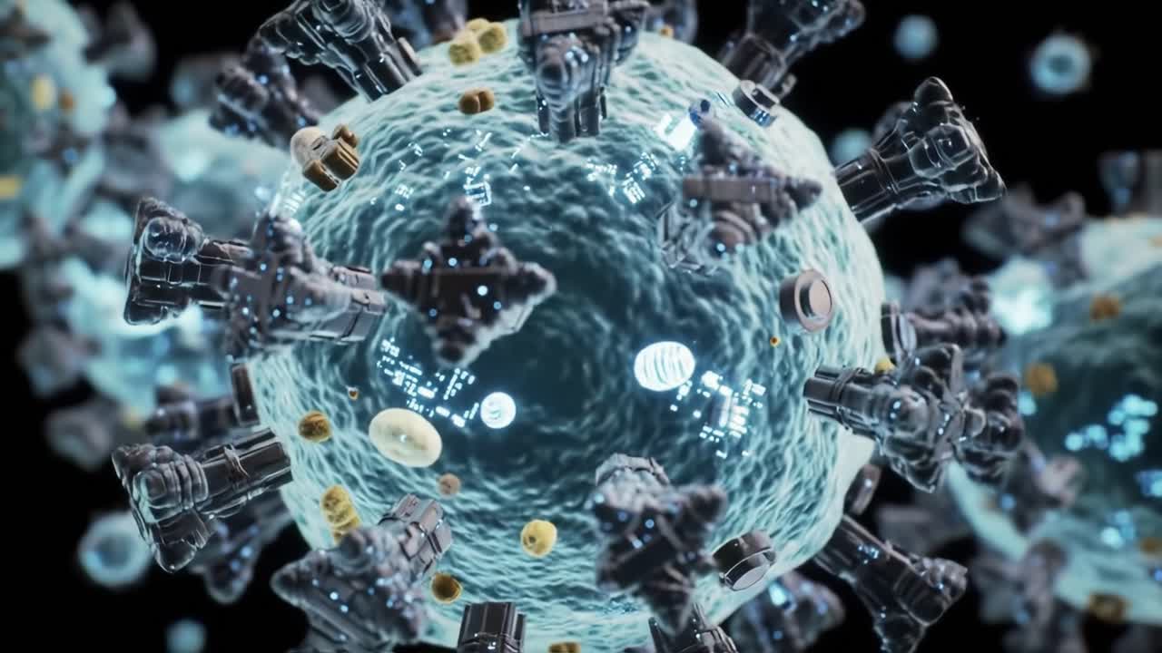 Intricate 3D Representation of a Virus, Showcasing Its Complex Structure and Composition in an Engaging and Detailed Animation Style