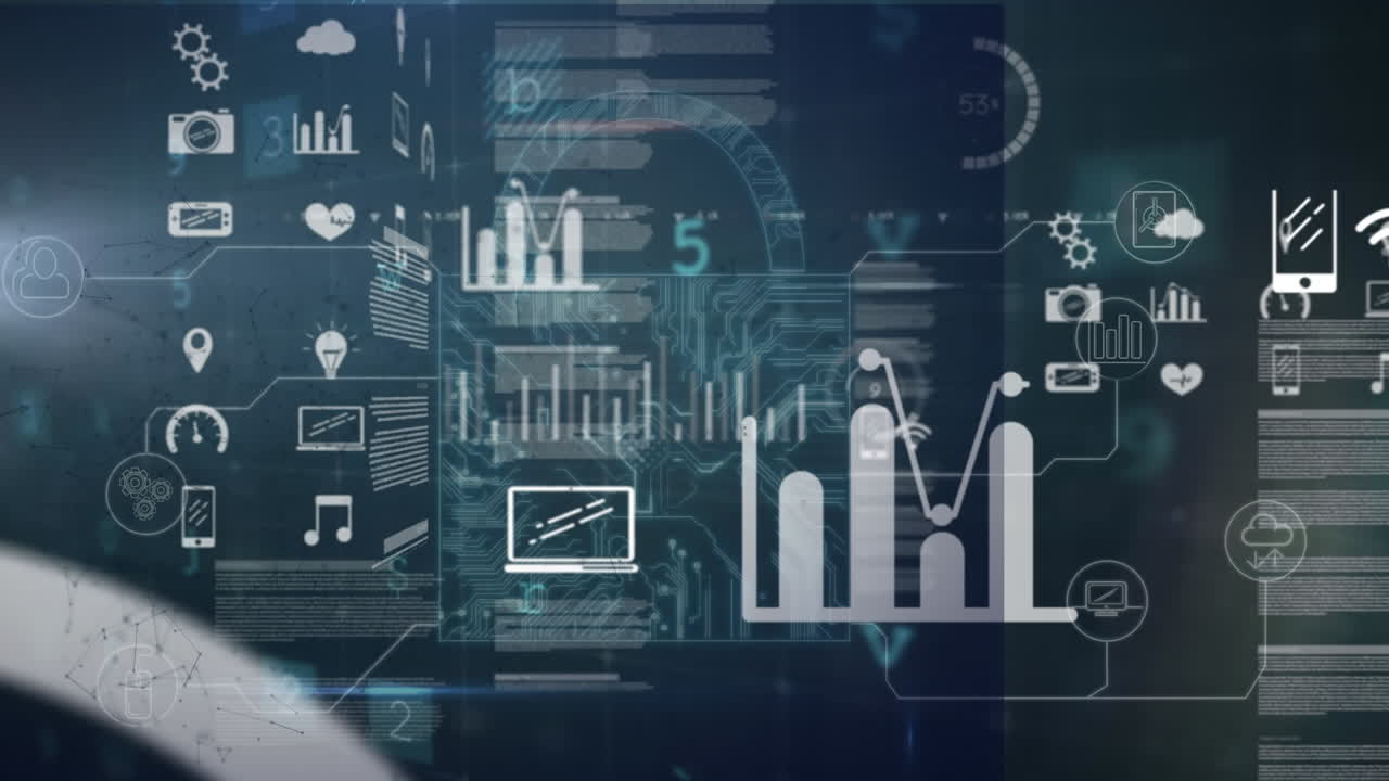 Animation of data processing and statistics on screen over online security padlock