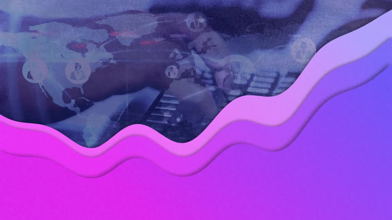 animación de redes de conexiones y mapa del mundo sobre el teclado de la computadora con onda púrpura