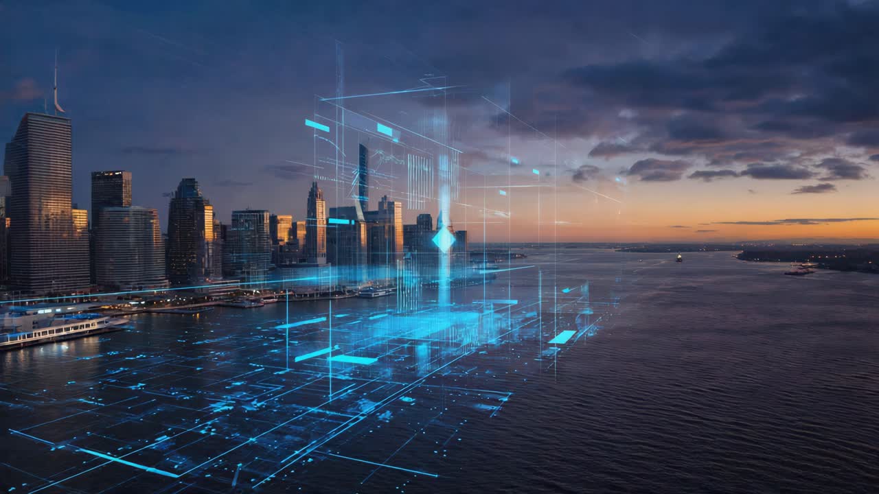 Futuristic Cityscape at Sunset with Digital Network Overlay