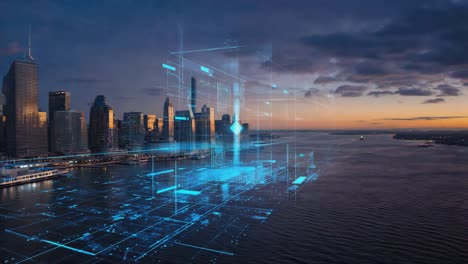 Futuristic Cityscape at Sunset with Digital Network Overlay