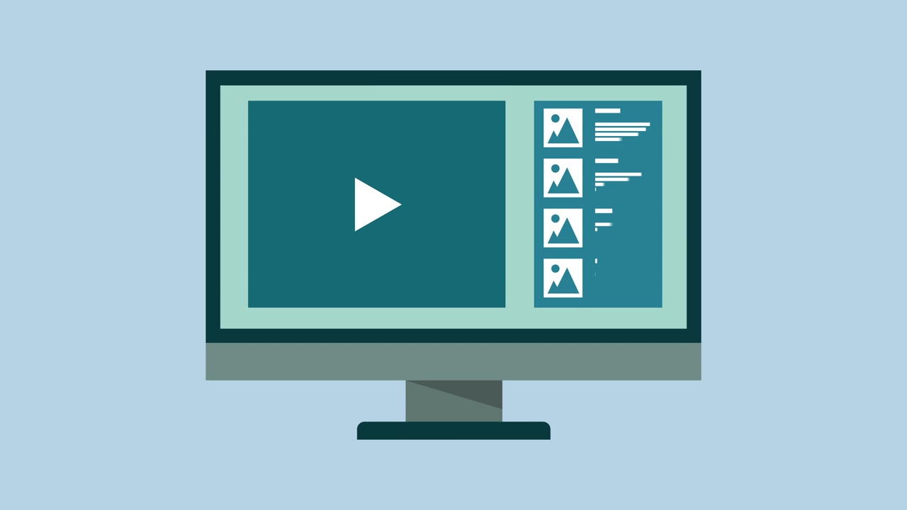 Monitor di computer animato che mostra un'interfaccia video.