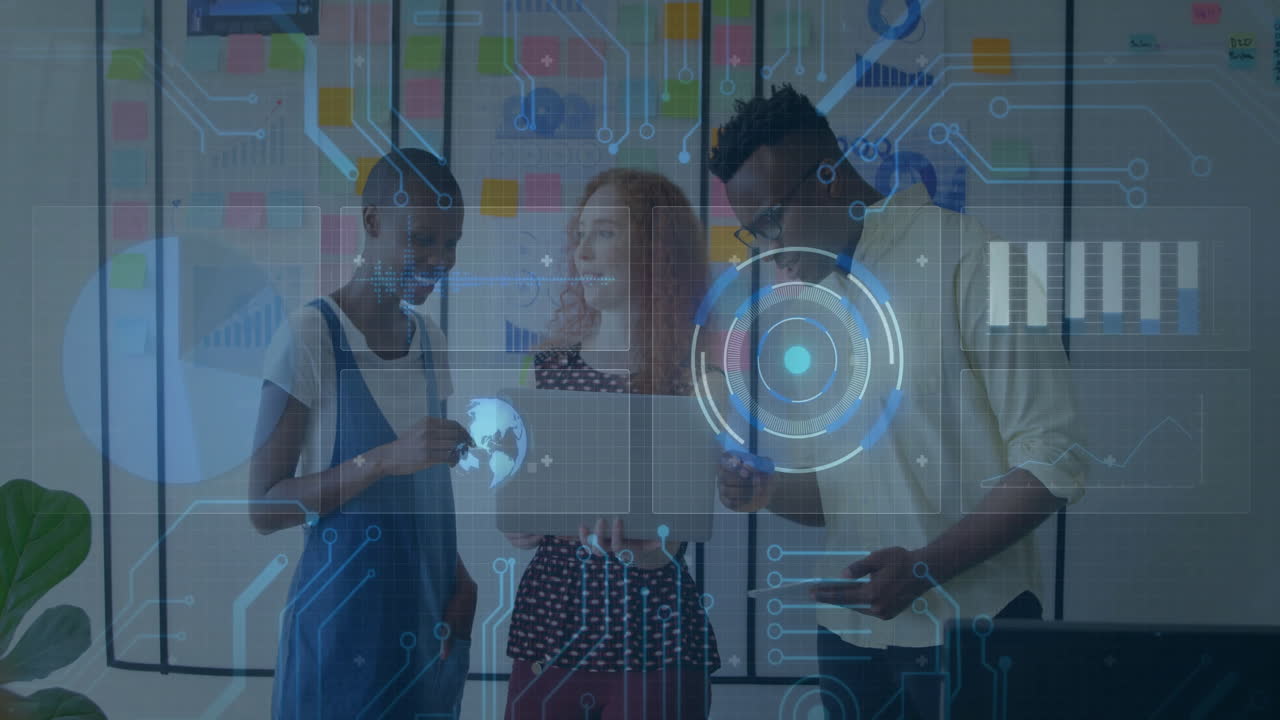 Collaborating on animation project, diverse team using digital tools in office