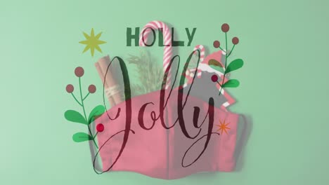 Animation-Von-Holly-Jolly-Text-über-Weihnachtsdekorationen