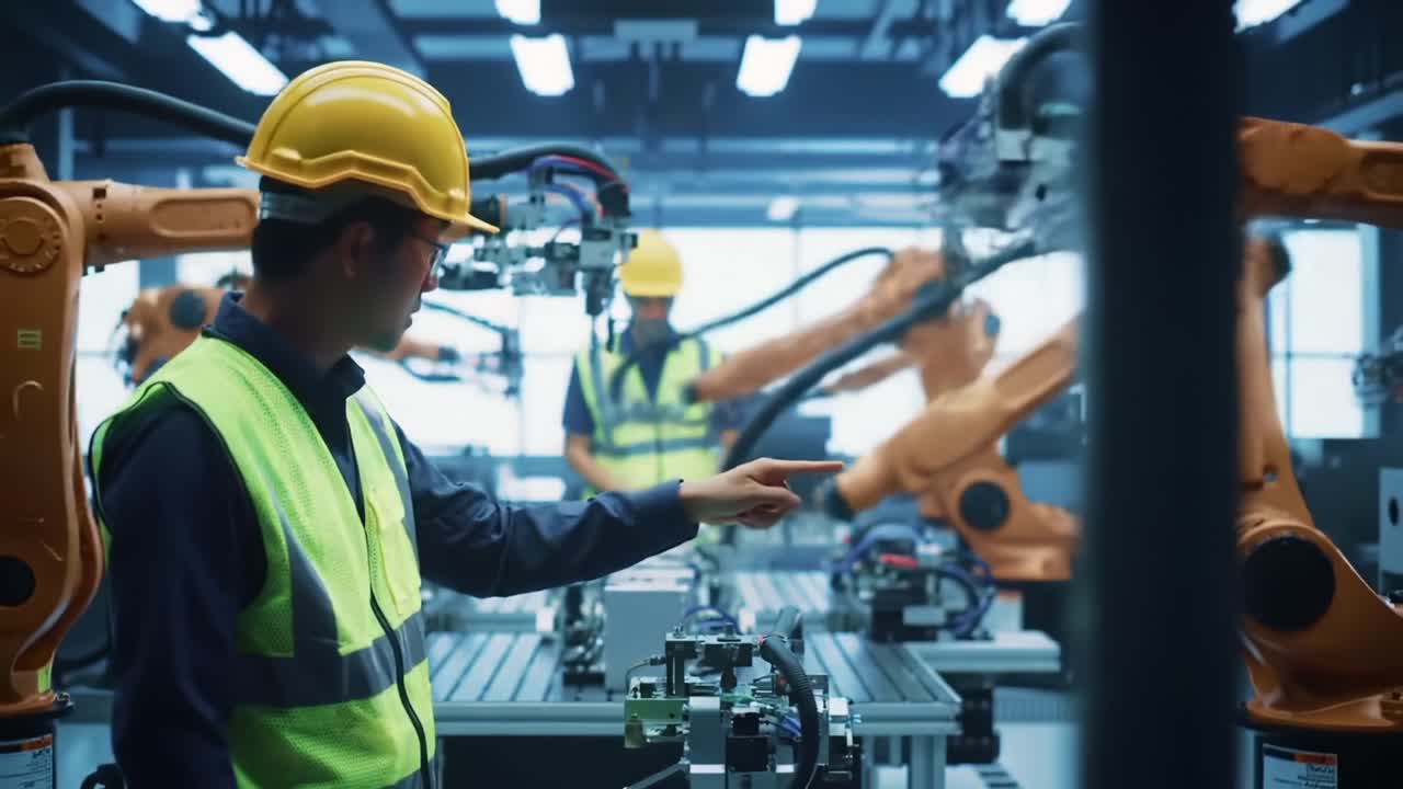 A Worker Monitoring Automated Robotics in a Modern Manufacturing Facility, Showcasing Collaboration Between Humans and Machines in Industrial Technology