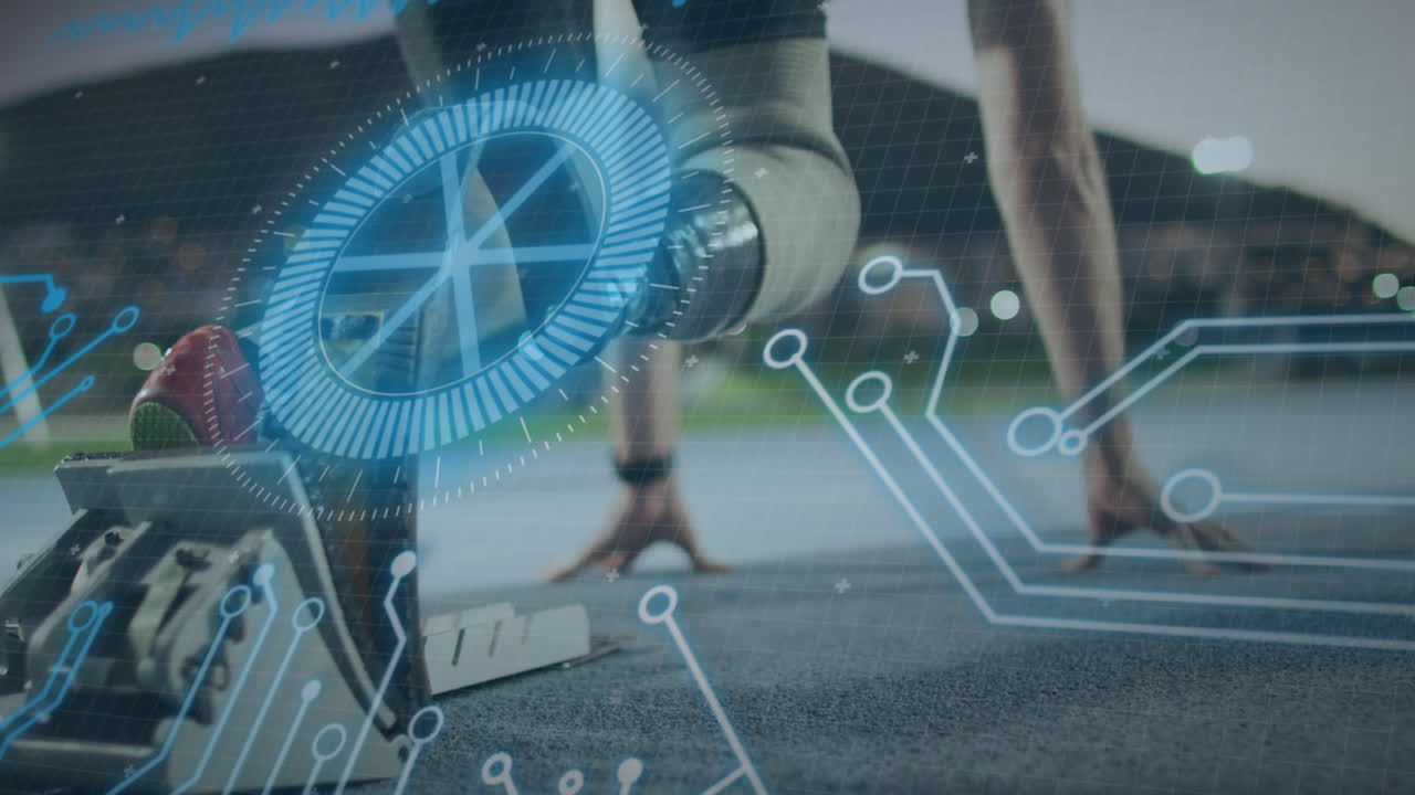 Animation of data processing over disabled caucasian sportsman