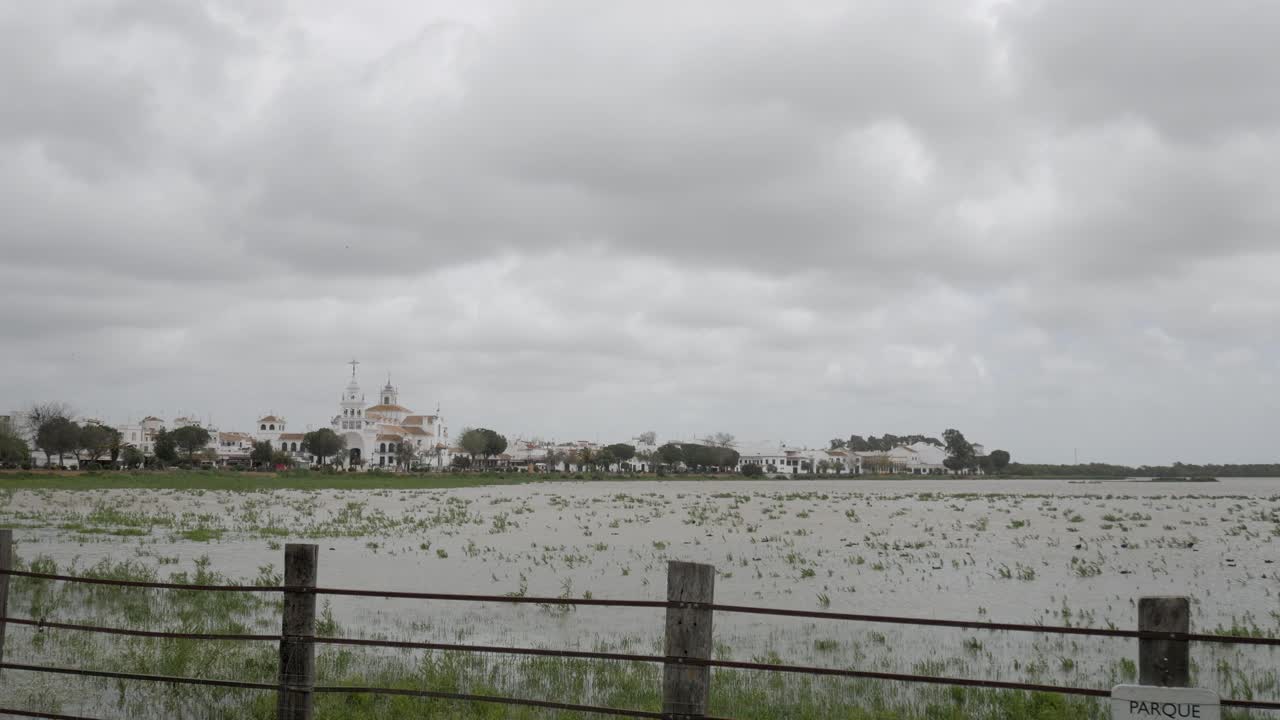 A view of El Rocio, Huelva with its white buildings and flooded surroundings