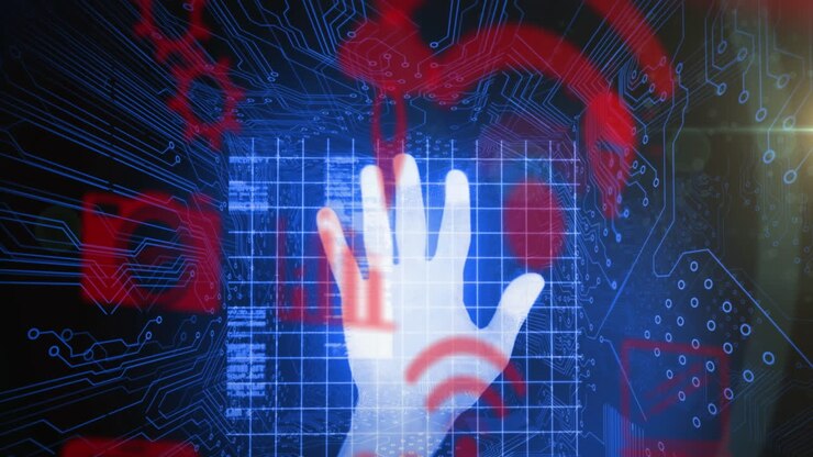 Animazione di scansione di impronte digitali di una persona caucasica su icone a griglia su un'interfaccia digitale