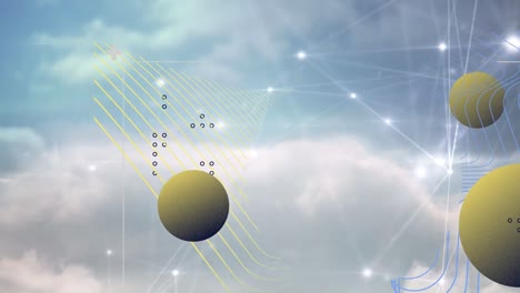 animation of shapes and network of connections over sky with clouds