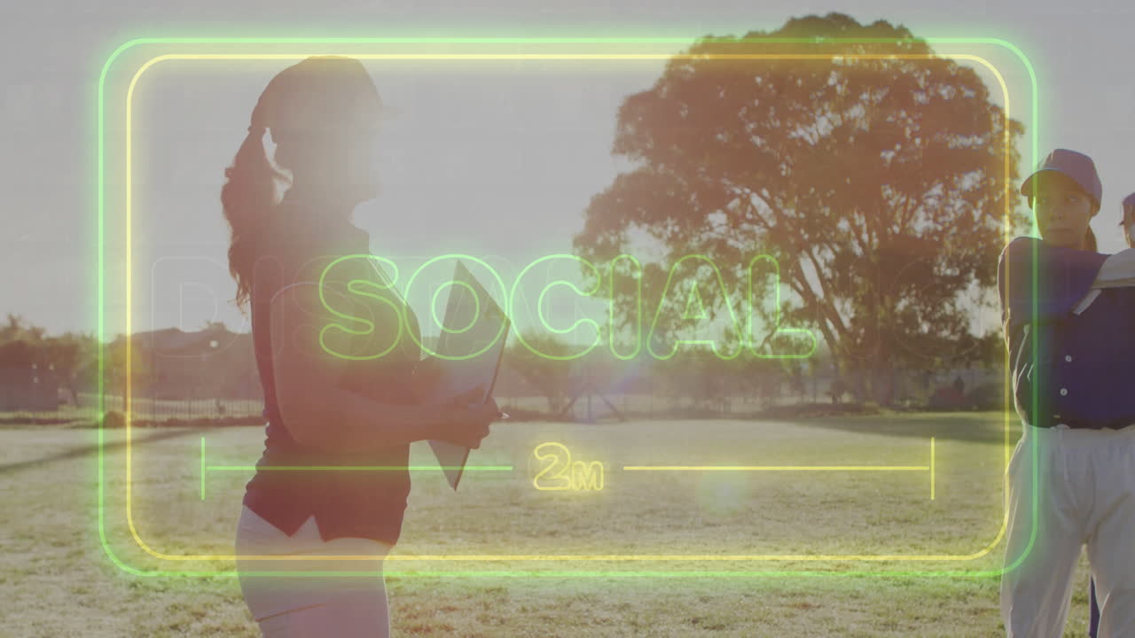 Playing baseball, people with SOCIAL 2m text animation overlay on screen