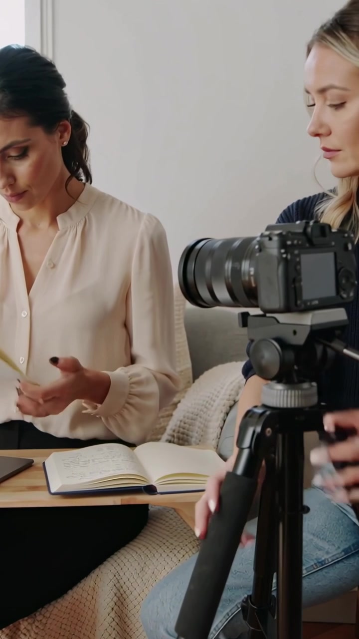 Video vertical: Dos mujeres pasando páginas, revisando notas y ajustando una cámara DSLR en el sofá para grabar