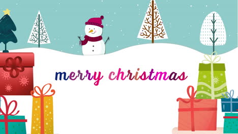 animation of merry christmas text, snow falling over winter scenery