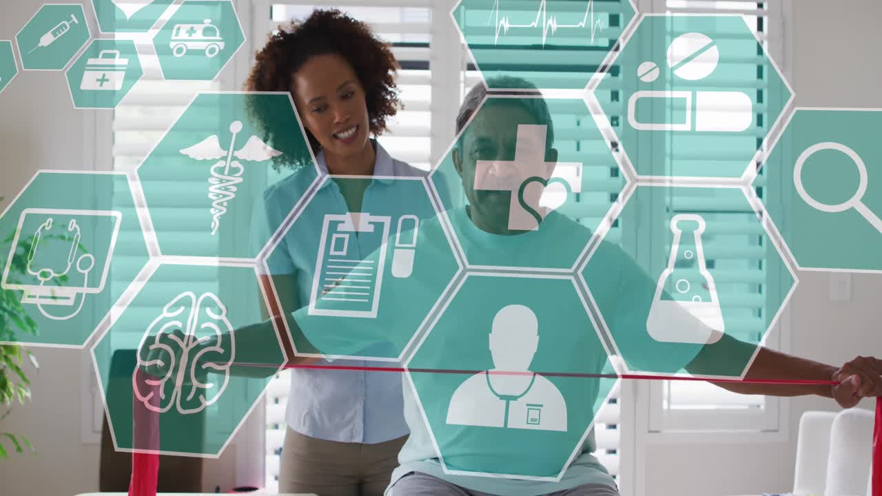 animación de iconos médicos sobre diversos ejercicios de médicos y pacientes.