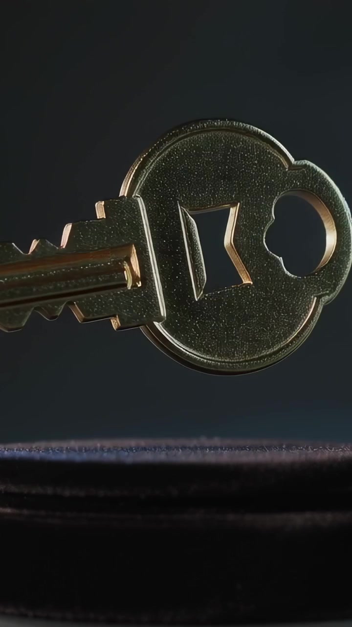 Vertical video: Rotating brass key hovering above case edge on light cue, rim light showing teeth