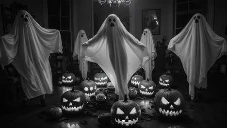 Spooky Gathering of Ghostly Figures Surrounded by Eerie Jack-o&#039;-Lanterns in a Dimly Lit Room, Perfect for a Halloween Celebration or a Chilling Haunt