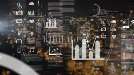 animación del procesamiento de datos con la ciudad en el fondo