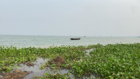 an old and wooden unmanned boat anchored in the middle of the sea and the shore is covered with green plant