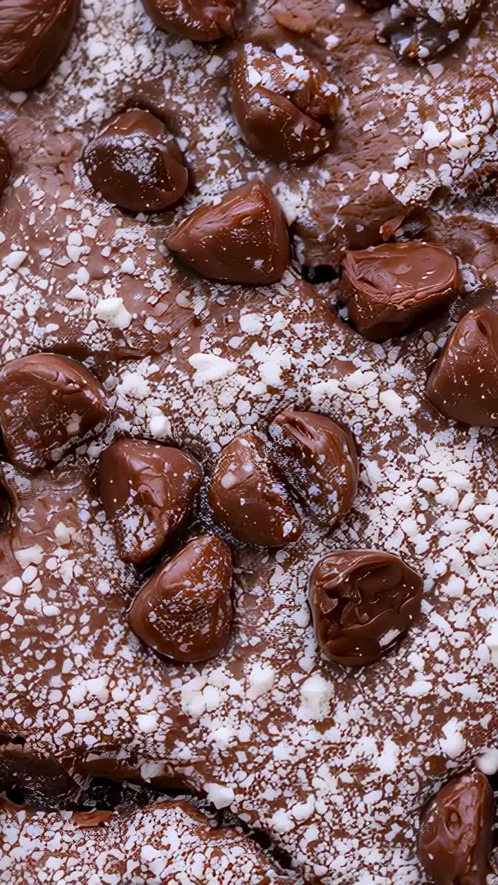 Vertical video: Panning camera showing milk drops on fudgy brownie in bakery, powdered sugar, crack