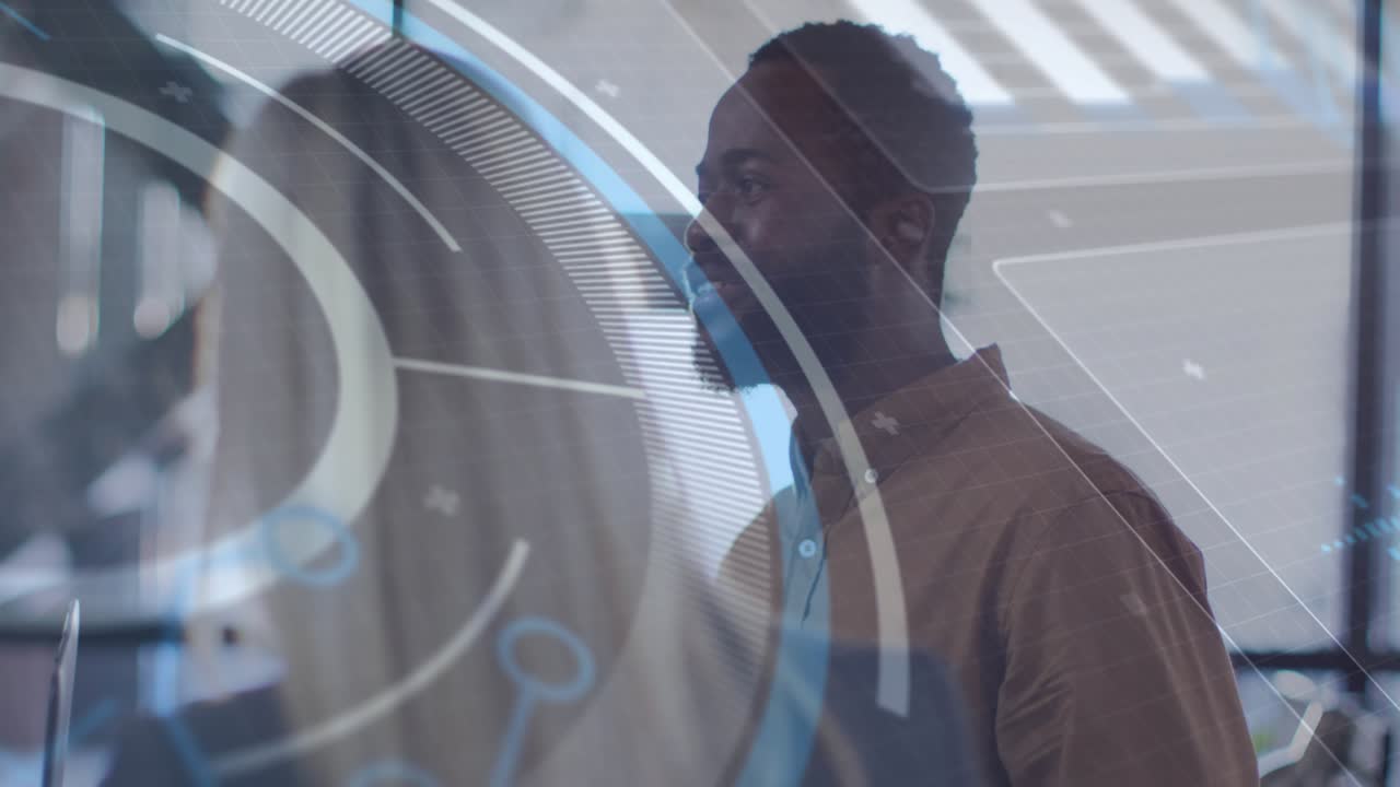 Man interacting with circular data visualization appearing on glass pane showcasing tech analytics