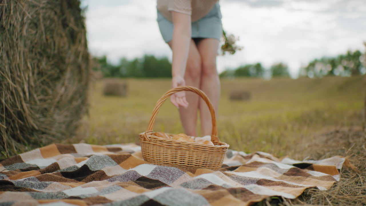 una manta de picnic a cuadros en un campo de hierba mientras una persona coloca suavemente una canasta tejida llena de bocadillos horneados, la suave luz dorada del sol destaca el campo rural con balas de heno en el fondo