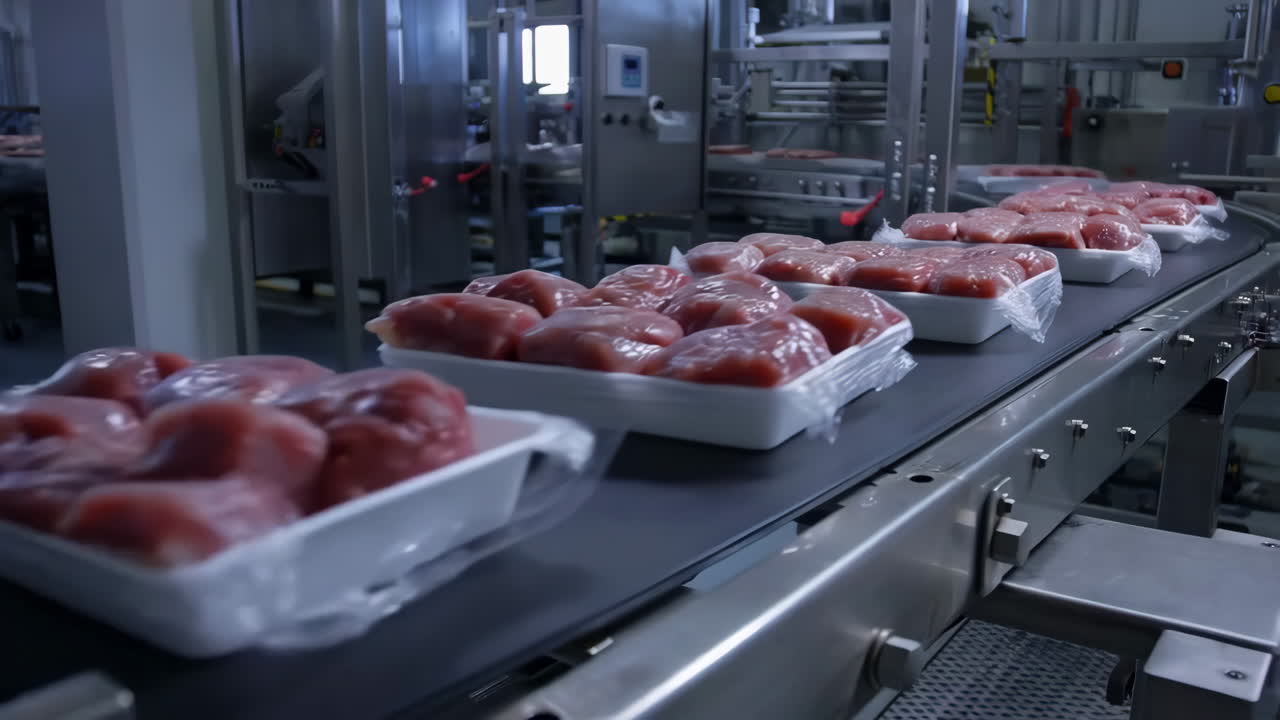 Raw Meat Portions on Conveyor Belt in a Food Processing Plant