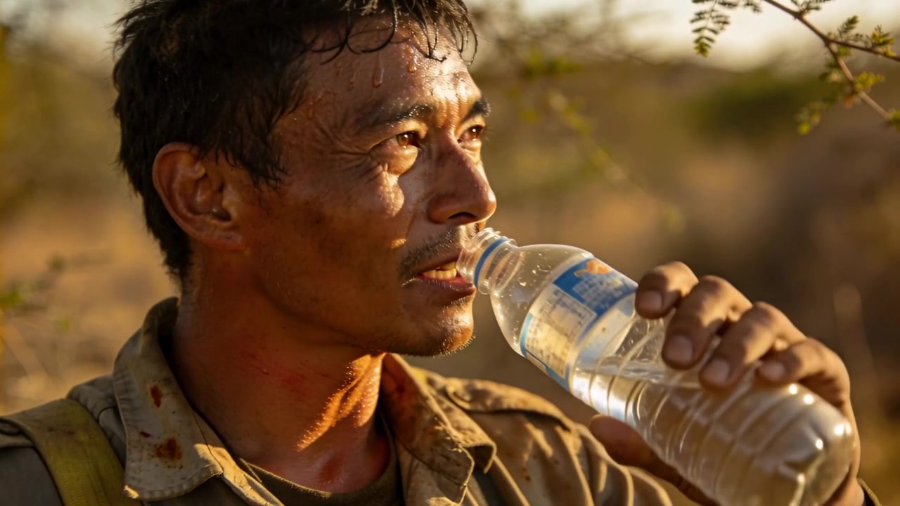 Heat driving man in khaki shirt drinking water wiping face scanning dry scrub, holding clear bottle
