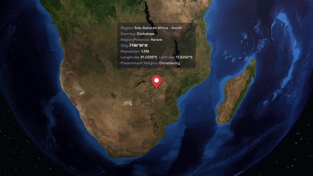 Un globo digitale ruota e ingrandisce sull'Africa meridionale, evidenziando Harare con testo informativo