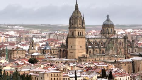 the iconic cathedral of salamanca, aerial view in a winter day