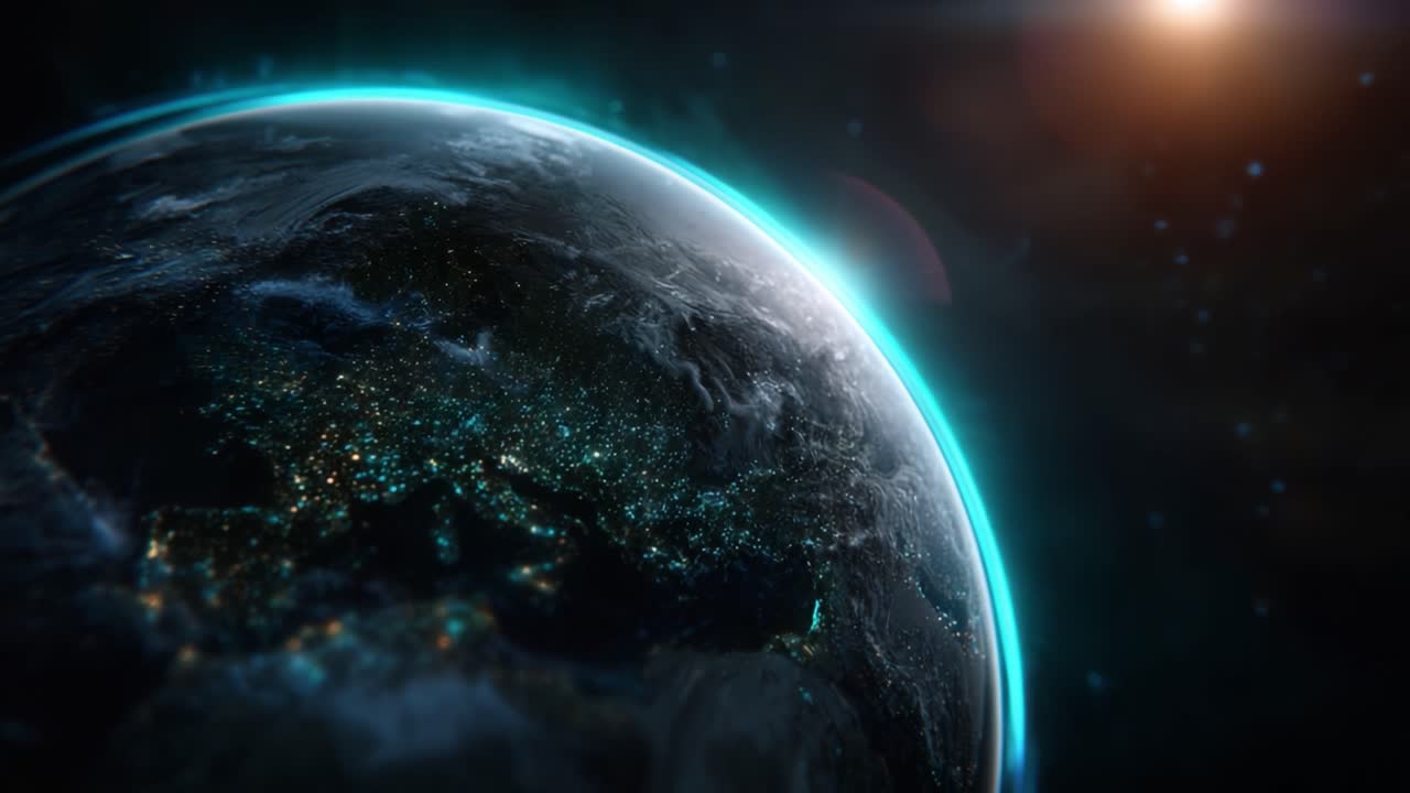 Stunning View of Earth from Space: Glowing City Lights at Night with Celestial Bodies in the Background, Captivating Planetary Perspective and Cosmic Beauty