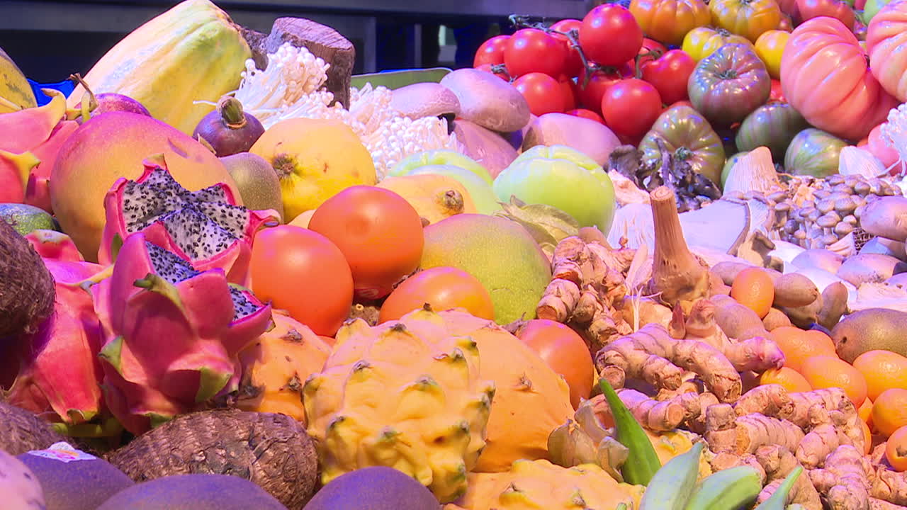 Colorful Fruit and Vegetable Display at a Market