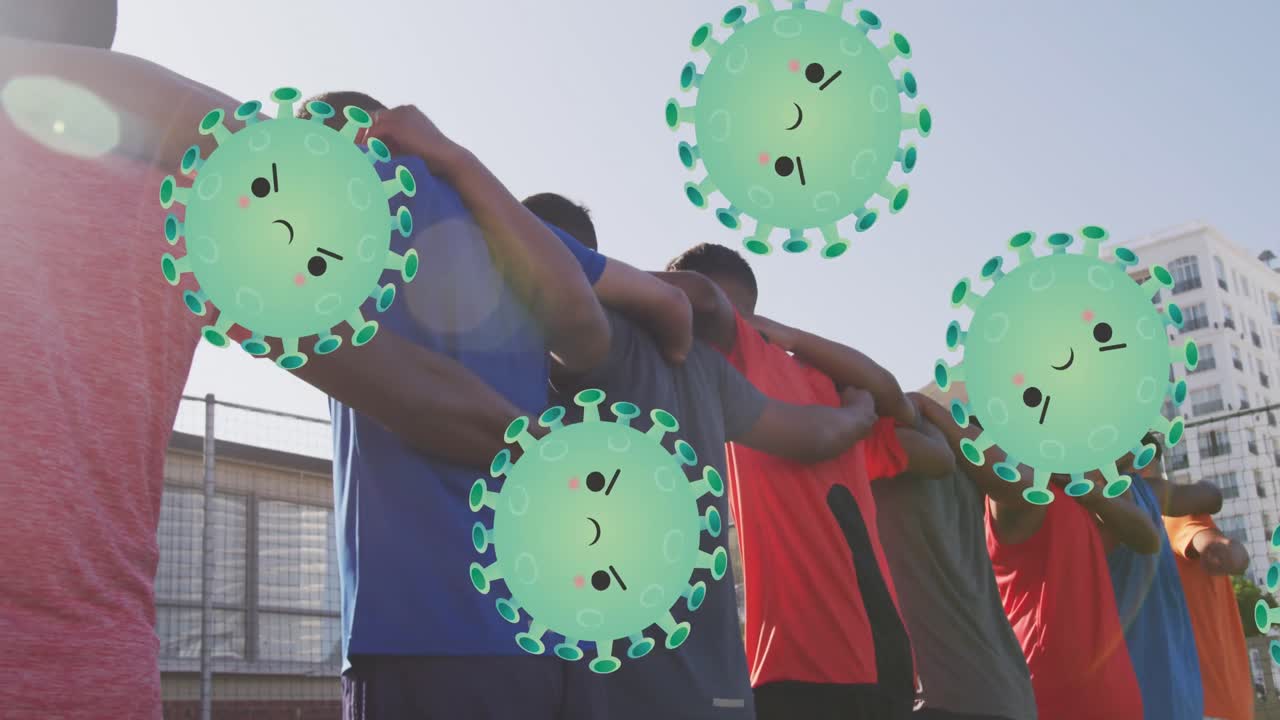 다양한 남성 축구 선수에 대한 바이러스 세포의 애니메이션