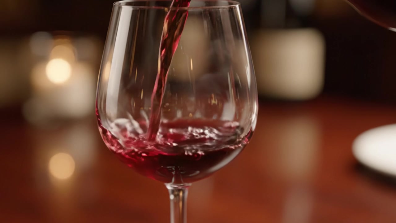 Un viaggio da un calice di vino vuoto a un bicchiere di vino rosso splendidamente riempito, che mostra il colore intenso e le bollicine delicate, creando un'atmosfera invitante per gli appassionati di vino.