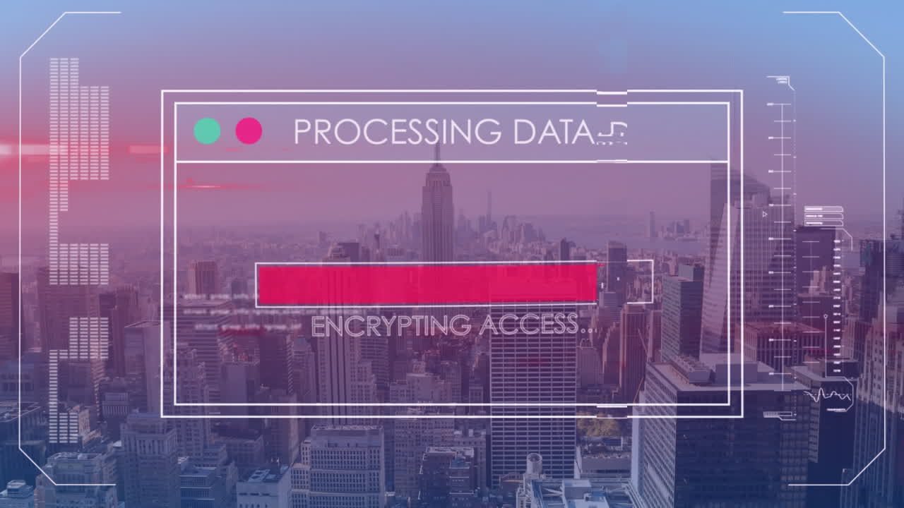 animación de la pantalla de hud con barra de carga y lenguaje informático sobre el edificio de la estatua del imperio en la ciudad
