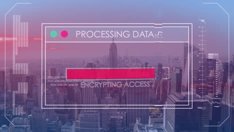 animation of hud screen with loading bar and computer language over empire statue building in city
