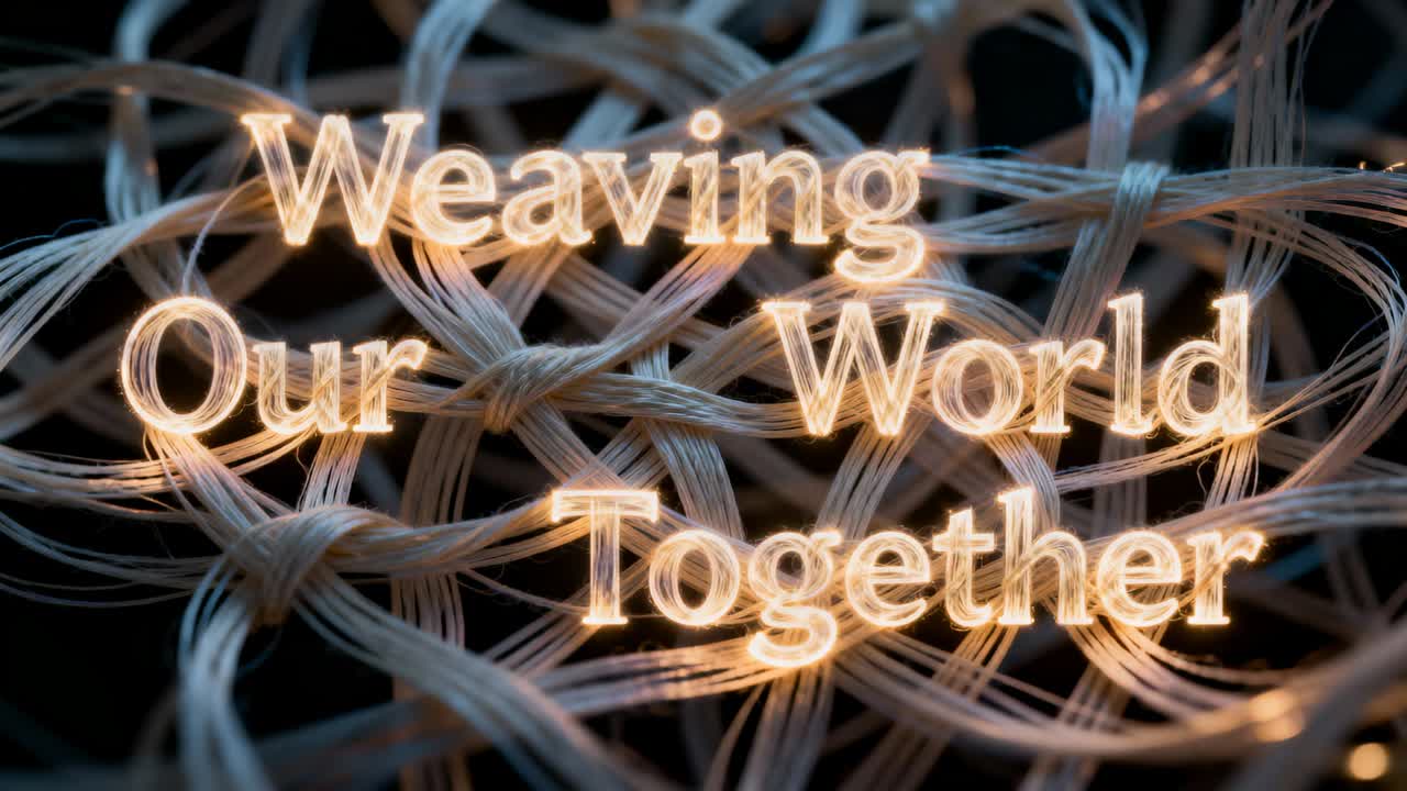 Appearing overlay reading Weaving Our World Together pulsing over woven textile in macro, revealing