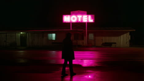 silhouetted person standing in front of a neon motel sign at night