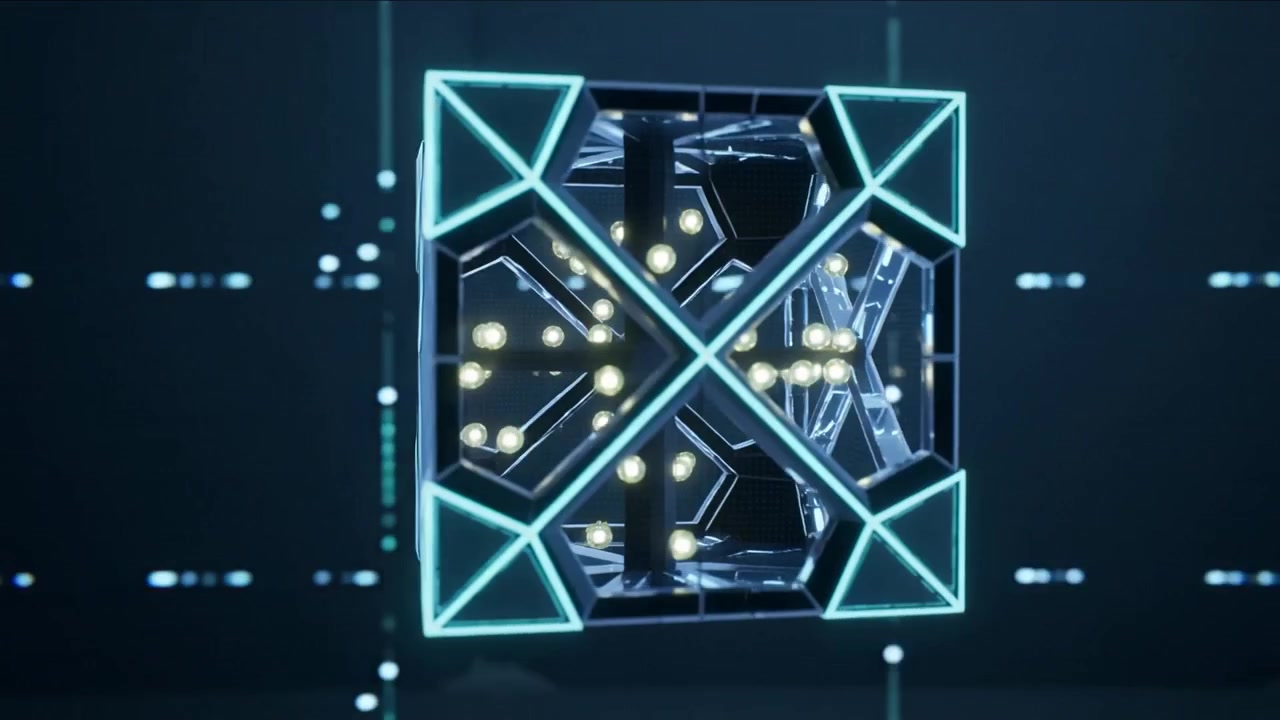 Playback starting, cube with cyan edges and glowing spheres rotating in cyber space, showing struts
