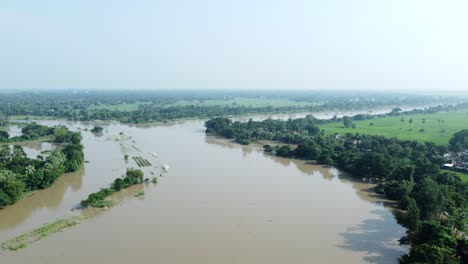 ariel view shot of west bengal flood by river damodar and mundeshwari in rainy season