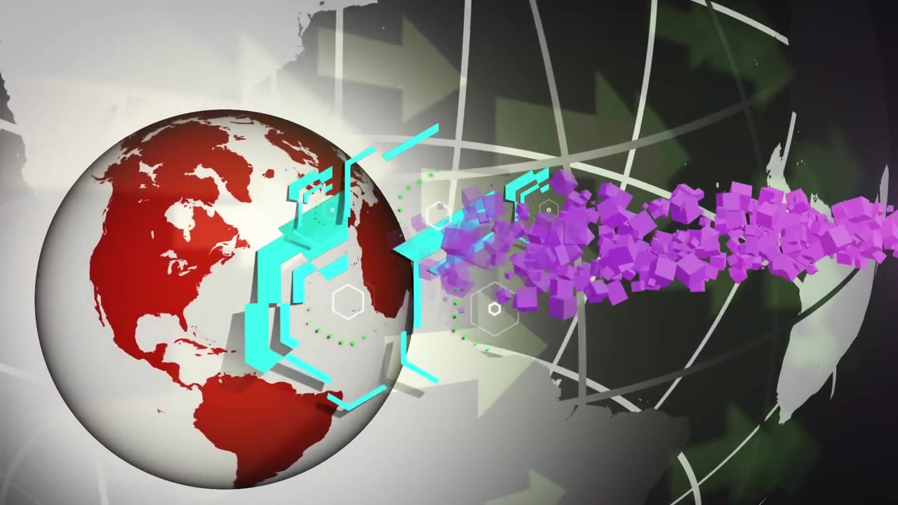 Animazione di un globo digitale con flusso di dati astratto ed elementi geometrici.