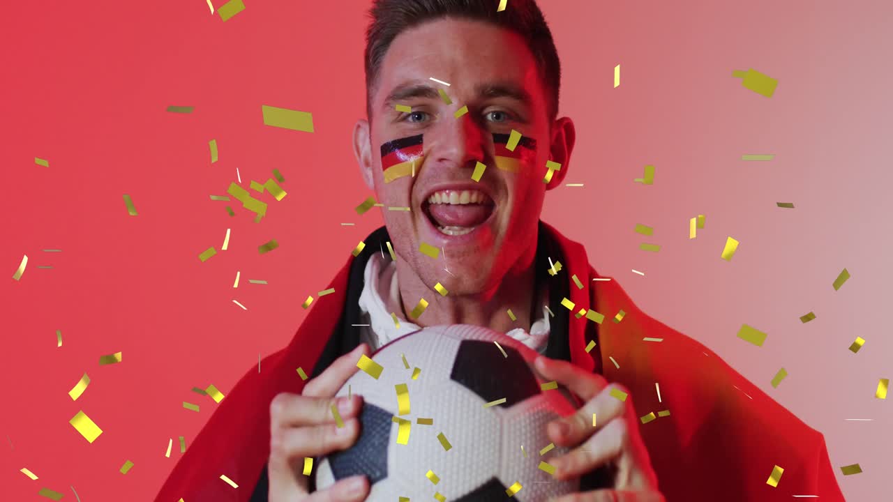 animación de un partidario masculino caucásico con la bandera de alemania sobre confeti