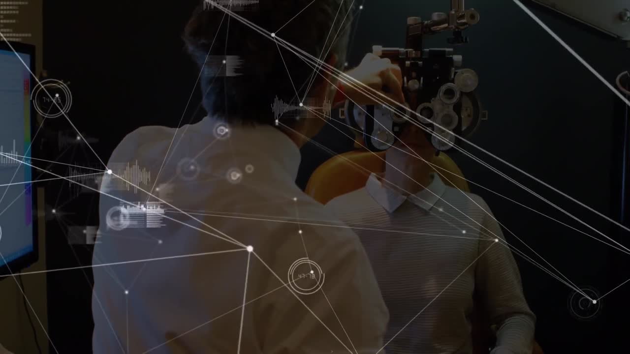 백인 남성 안과 의사가 여성 환자를 검사하는 연결의 애니메이션