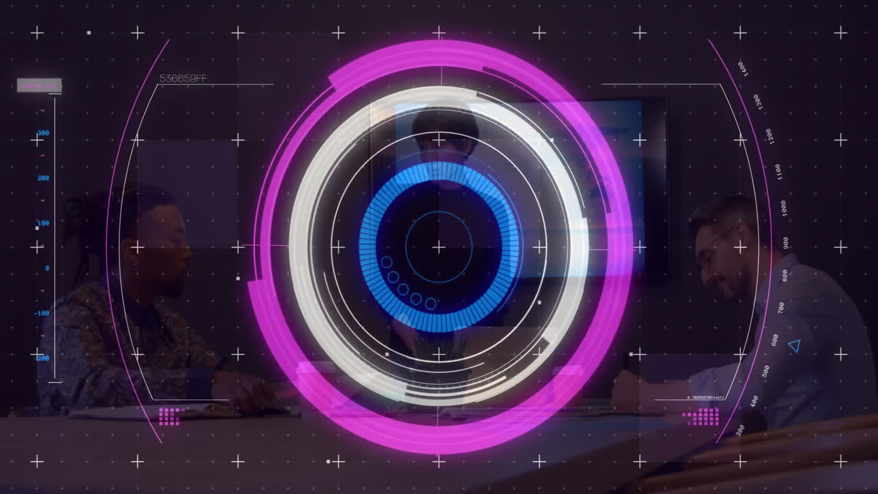 Team collaborating in business meeting using augmented reality overlay with laptops and data