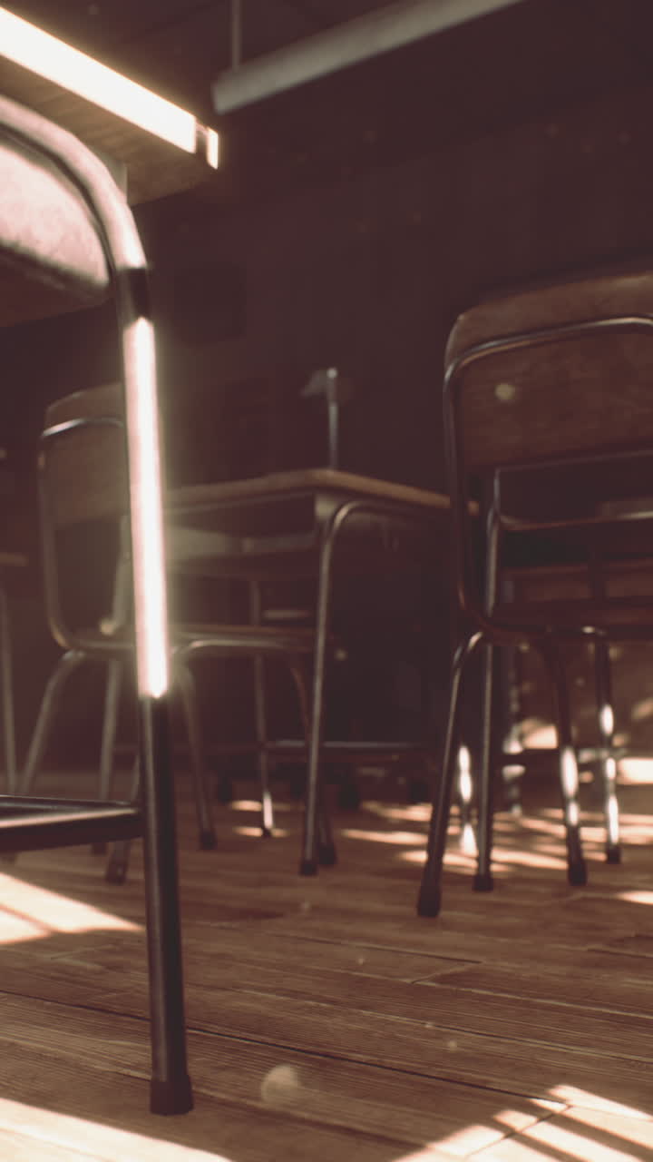 aula vacía con escritorios y sillas de madera