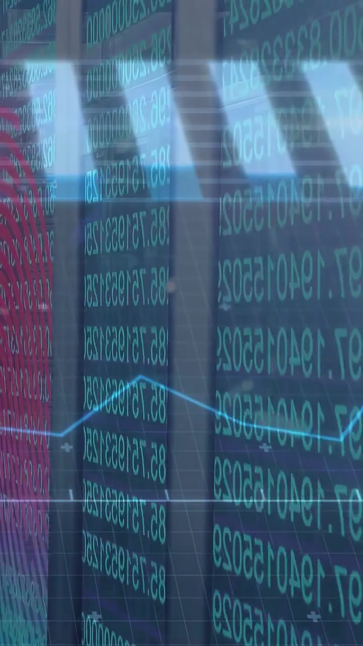 Digital display showing teal numbers receiving market data, causing cyan line rising then settling