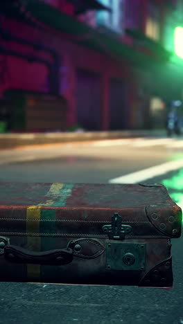 vintage suitcase on a city street at night