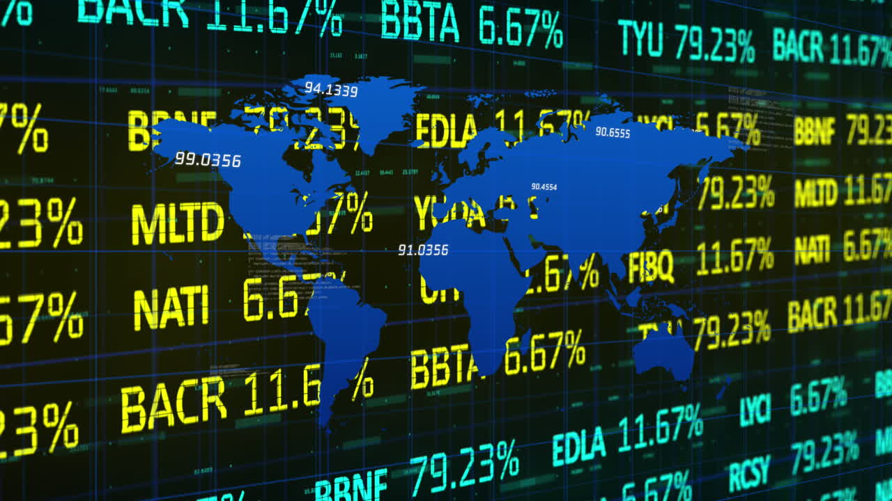 Animation of trading board over digits and computer language on map against abstract background